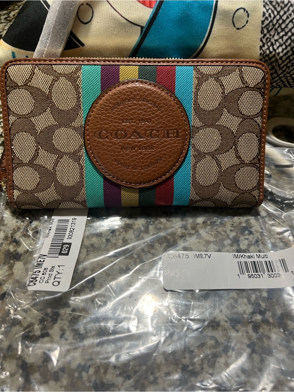 Coach Brown Signature Canvas Zip Wallet with Teal, Purple, Yellow & Red Stripes - Picture 3 of 3